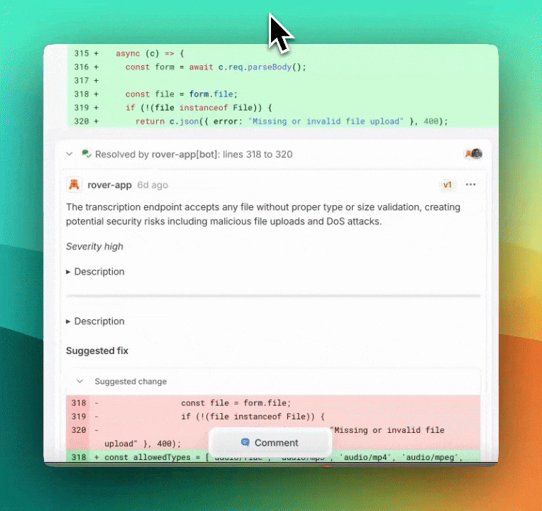 Rover identifying a risk on a pull request